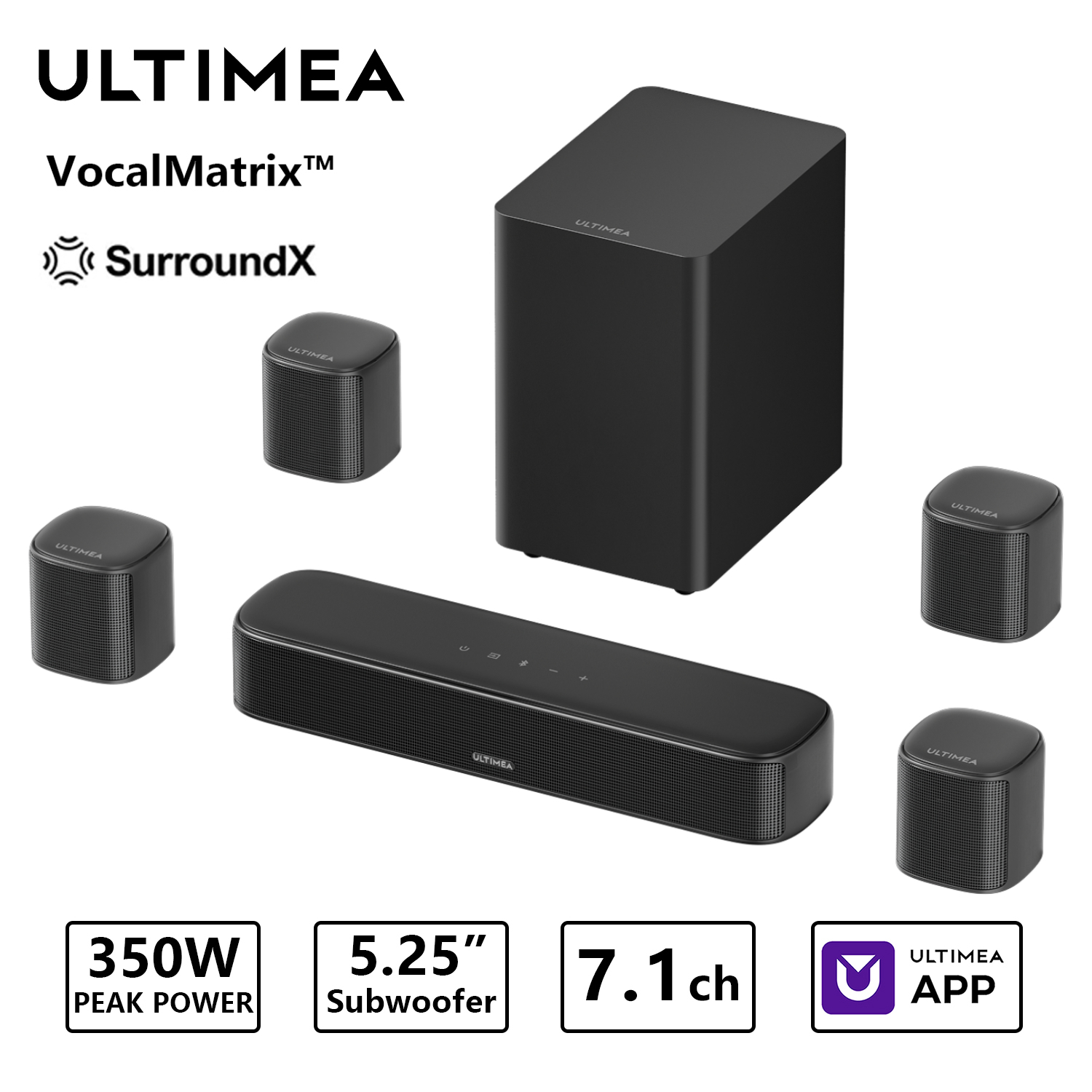 Home Cinema With Wireless Rear Speakers - ULTIMEA 350W 7.1ch Virtual Surround Soundbar,